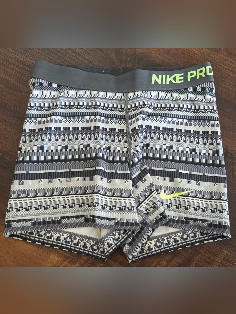 NIKE Pro Patterned Athletic Shorts - Gray with Neon Yellow Swoosh